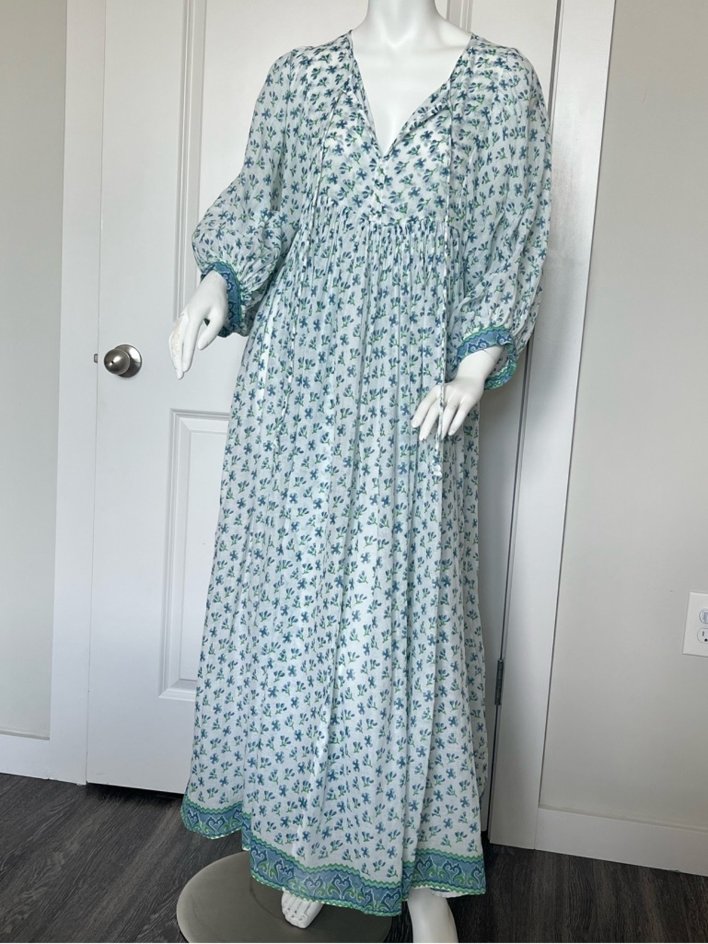 Daughters of India Kyra Maxi Dress Azure Blue Floral Block Print Size M